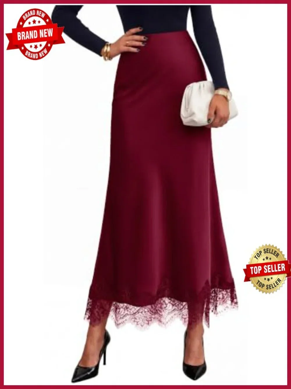 Satin Lace Trim High Waist A-Line Flowy Maxi Skirt